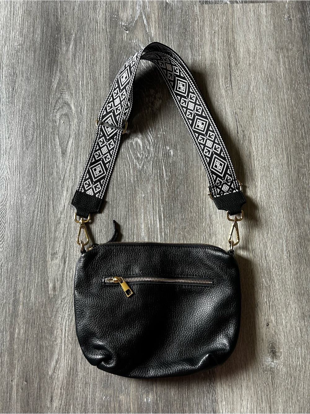 Everyday Black Leather Crossbody with Patterned Strap